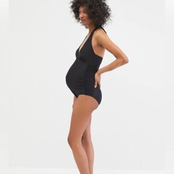 NWT Beach Bump Maternity One Piece Swimsuit Black Halter Smocked Sides - Size M - Picture 1 of 9